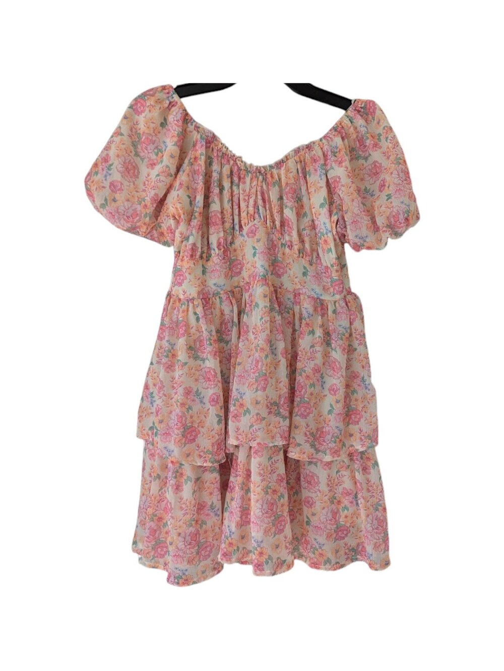 Simply Southern Womens M Floral Dress Puff Sleeve Tiered Pastel Summer 17x25